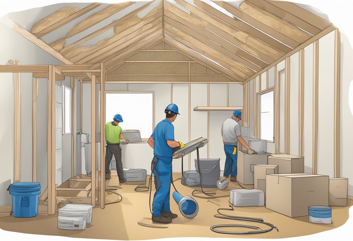 A crew installs insulation in a Fort Myers home. Equipment and materials are scattered around the work area