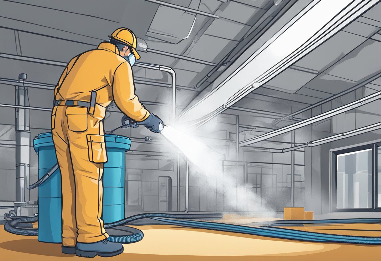 A technician inspects and cleans air ducts in a commercial building, using specialized equipment and tools. Dust and debris are removed, ensuring optimal airflow