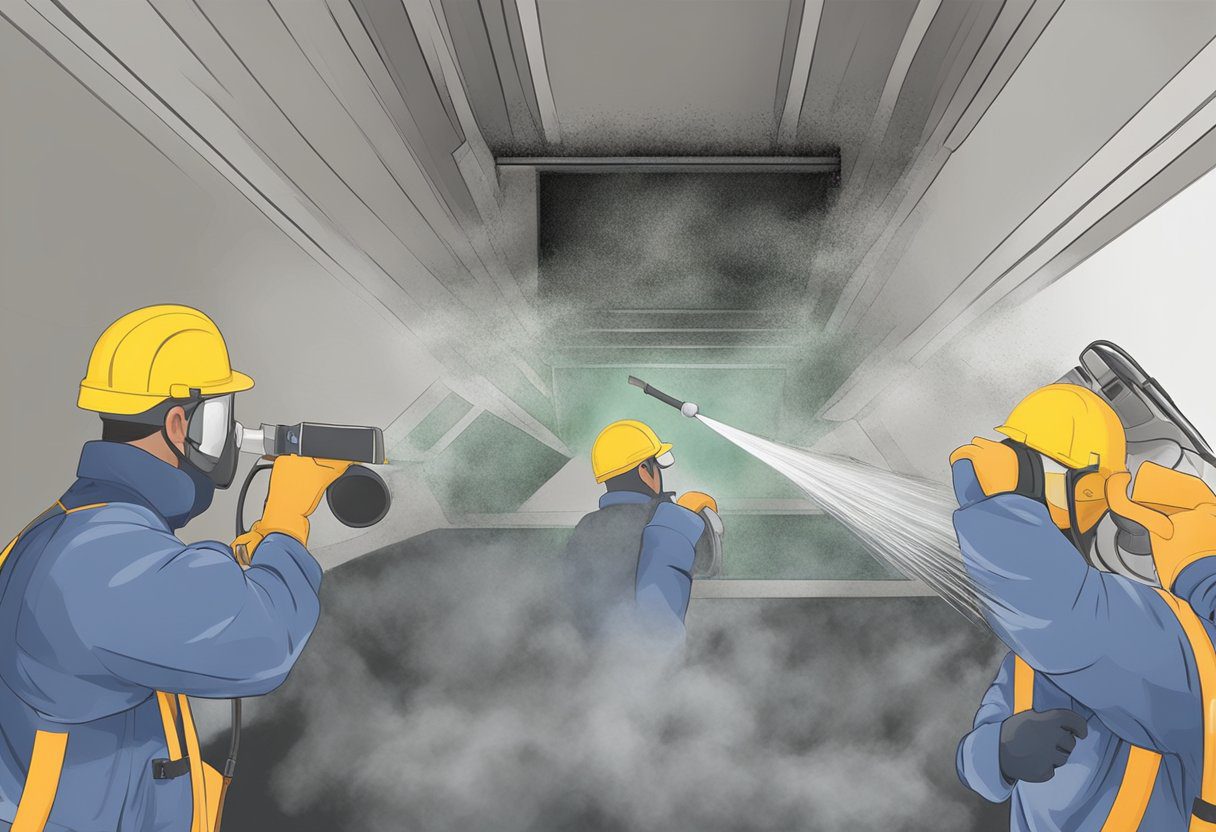 The technician sprays mold treatment inside a dirty air duct in Fort Myers, FL. Mold and mildew are visible on the walls of the duct