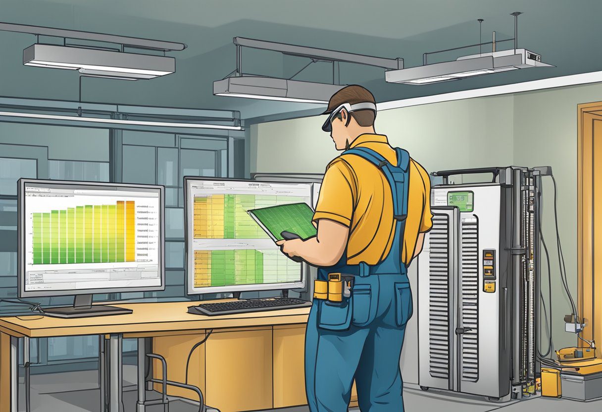 A technician conducts an energy efficiency assessment in a Fort Myers FL building, using tools to measure and analyze energy usage