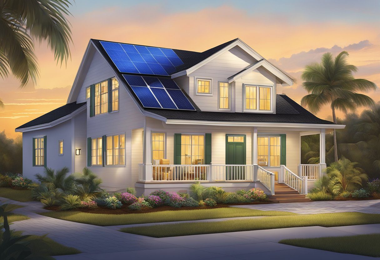 A sunny Fort Myers home with updated energy-efficient features, including solar panels, LED lighting, and insulated windows. Energy assessment technicians inspecting the property