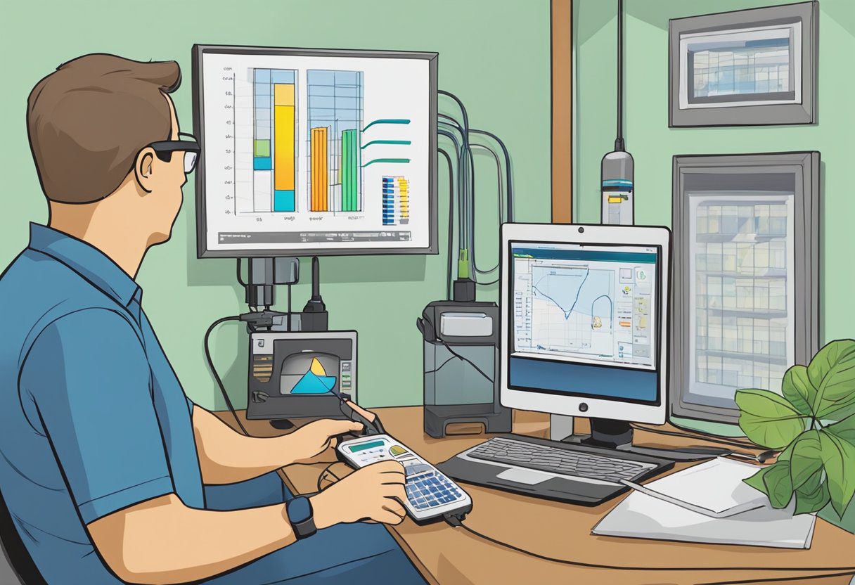 A technician conducting an energy assessment in a Fort Myers FL home, using specialized equipment and tools to analyze energy usage and identify areas for improvement