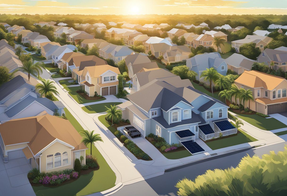 The sun beats down on a suburban neighborhood in Fort Myers, FL, as air conditioners hum and solar panels glisten on rooftops