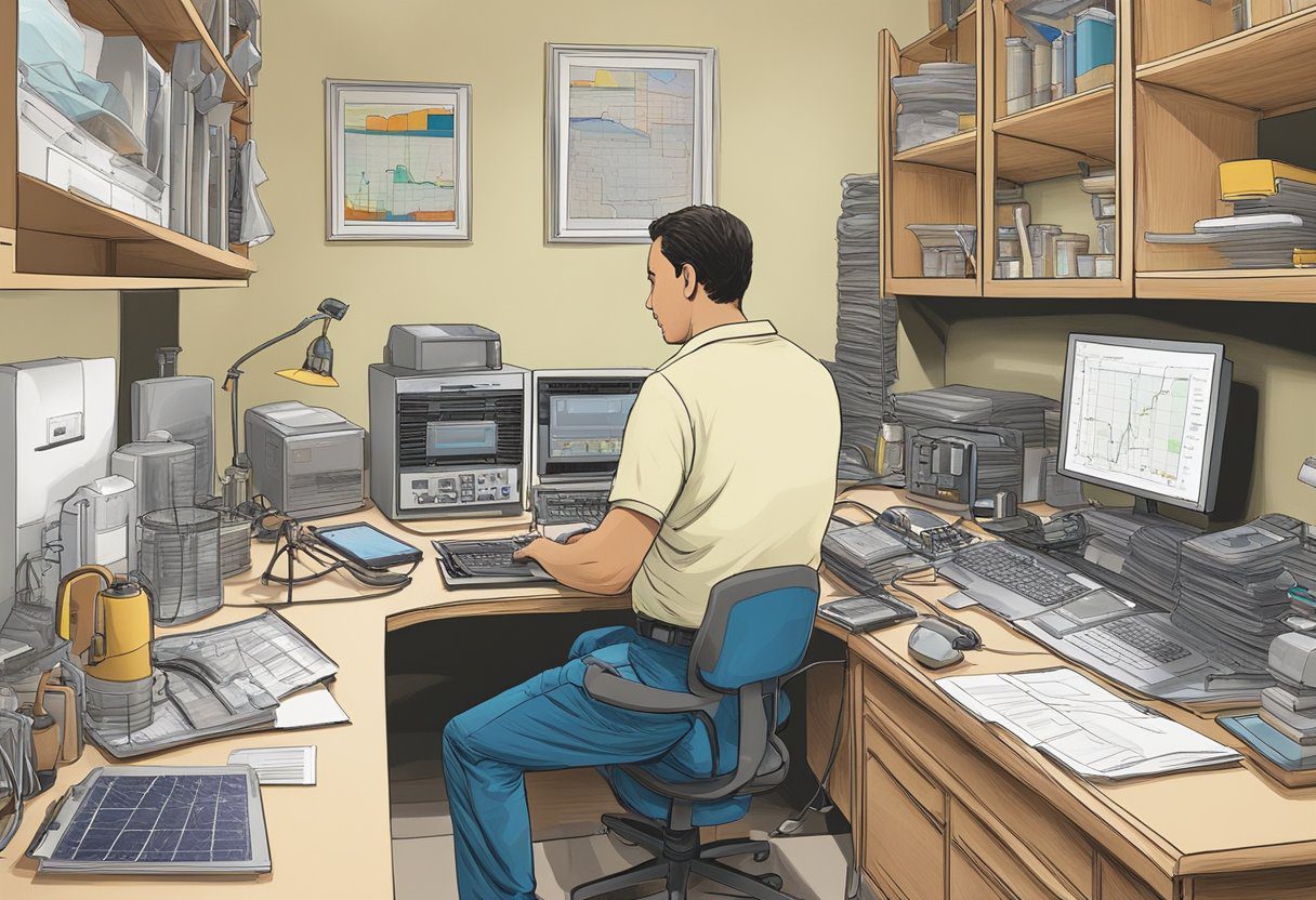 A technician examines energy systems in a Fort Myers FL home, surrounded by tools and equipment. Data charts and assessment reports cover the desk