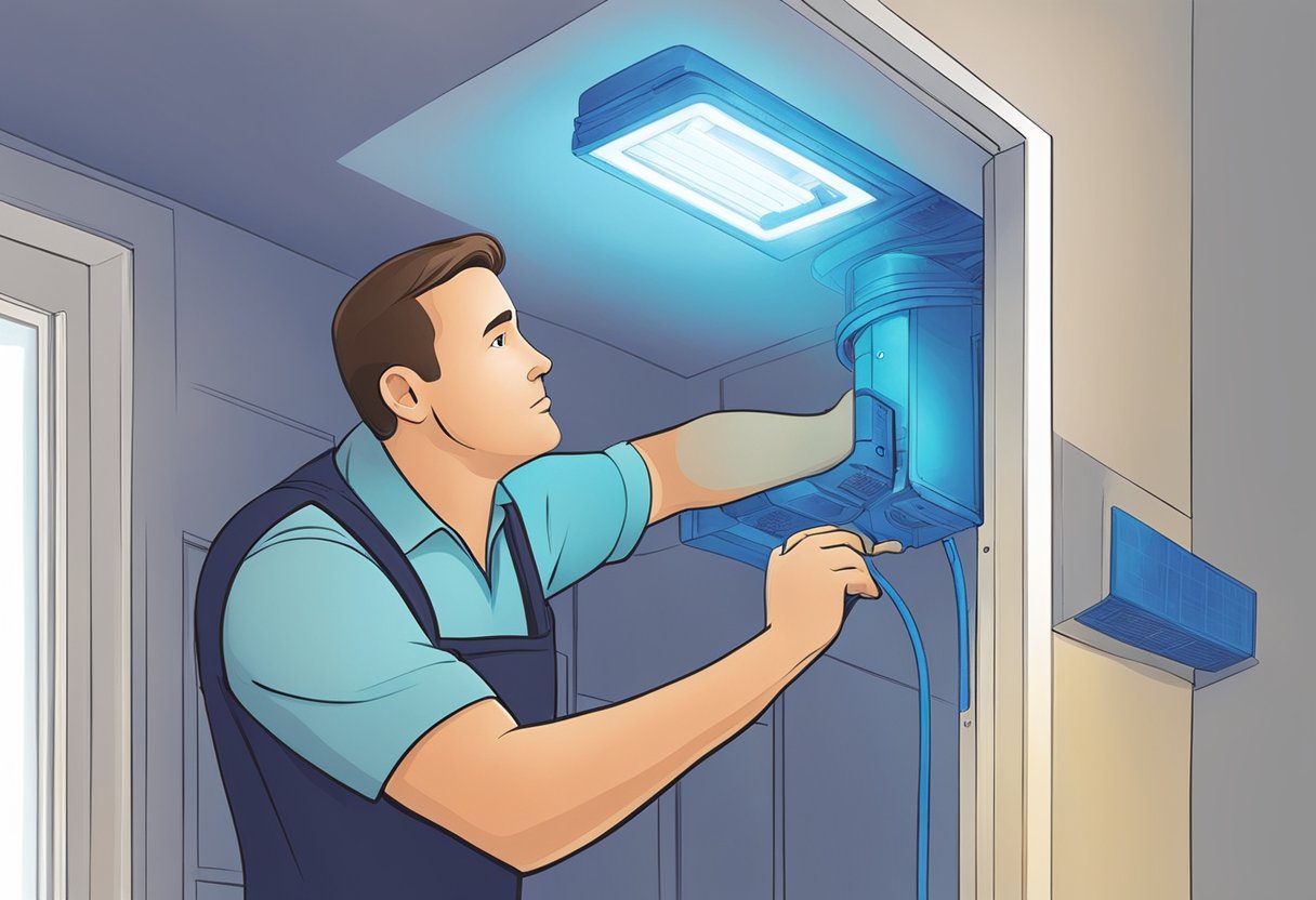 A technician installs UV light system in air duct, Fort Myers FL