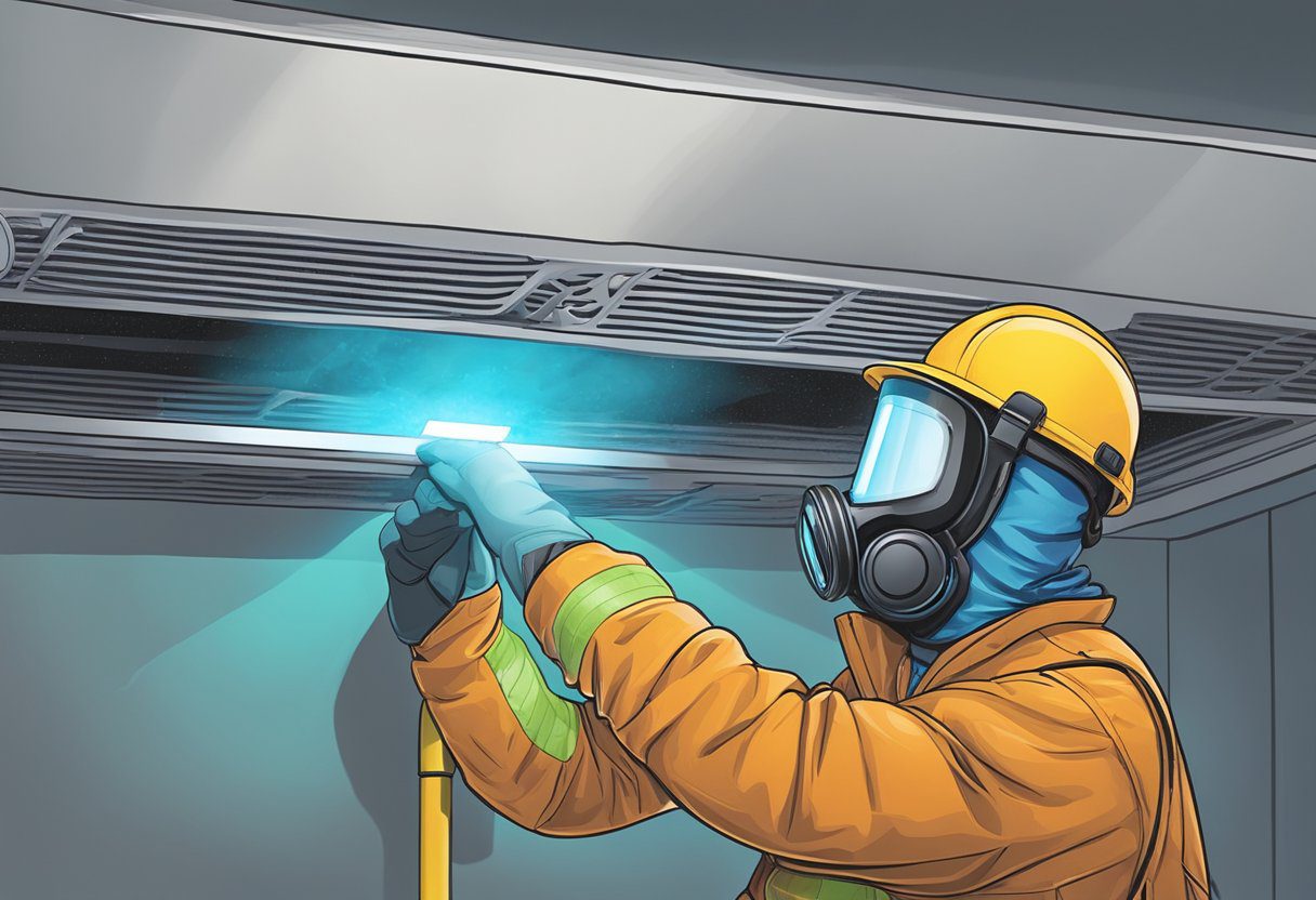 A technician installs UV lights in an air duct system, wearing protective gear and following safety protocols in Fort Myers, FL