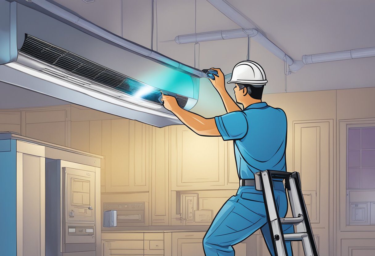 A technician installs UV lights in an air duct system in Fort Myers, FL, ensuring compliance with permits and regulations