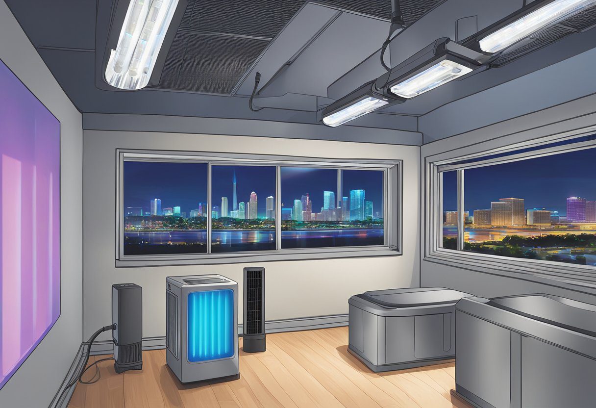 UV lights installed in air ducts in Fort Myers, FL. HVAC system shown with UV light fixtures installed. City skyline in background