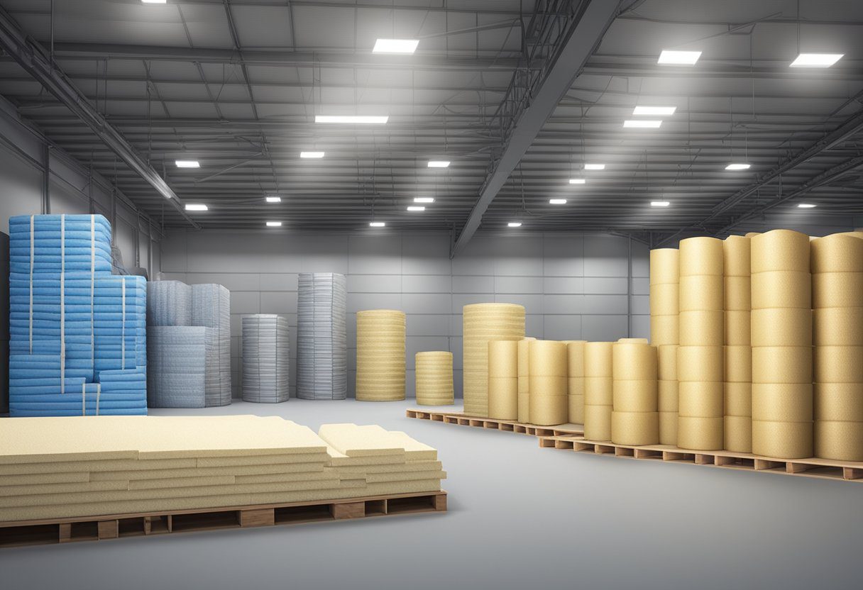 Various insulation materials displayed in a warehouse, including fiberglass, foam board, and cellulose. Brightly lit with clear signage