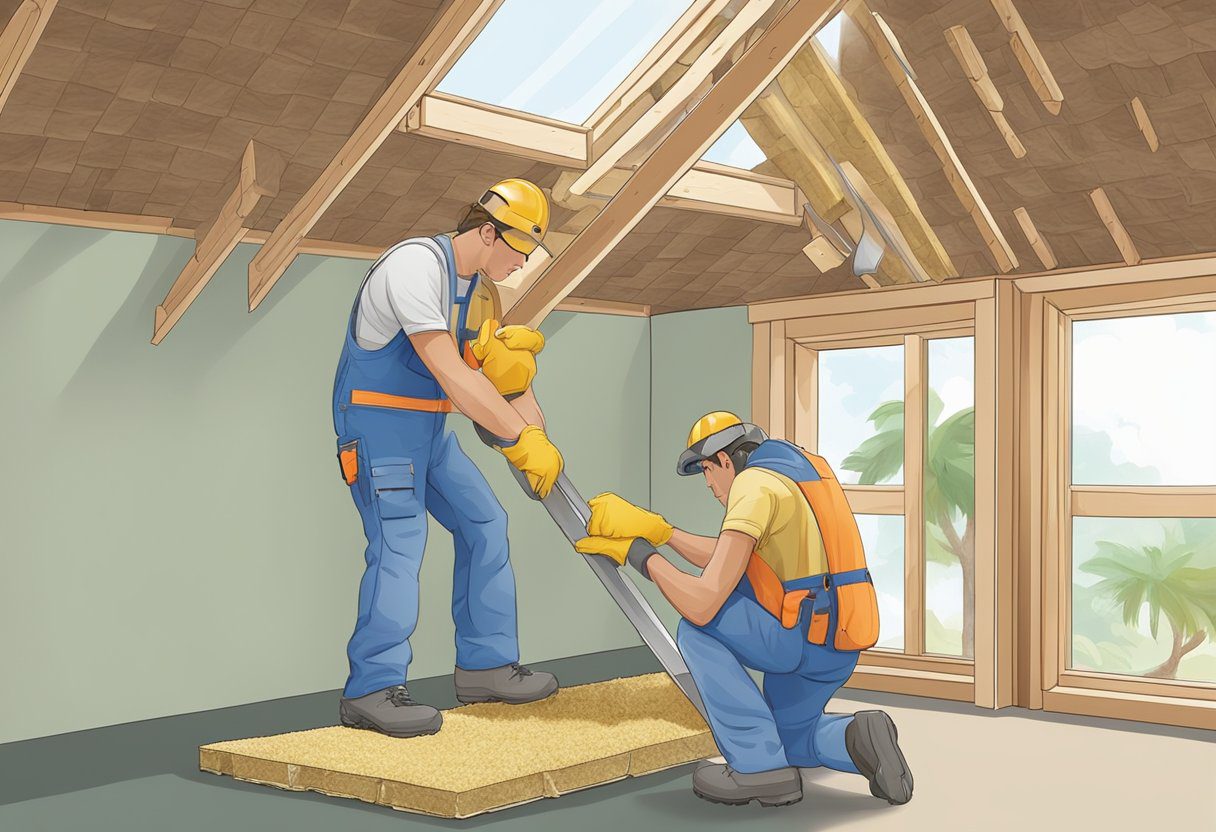 A worker installs insulation in a Fort Myers home, cutting and fitting rolls of insulation into the walls and attic