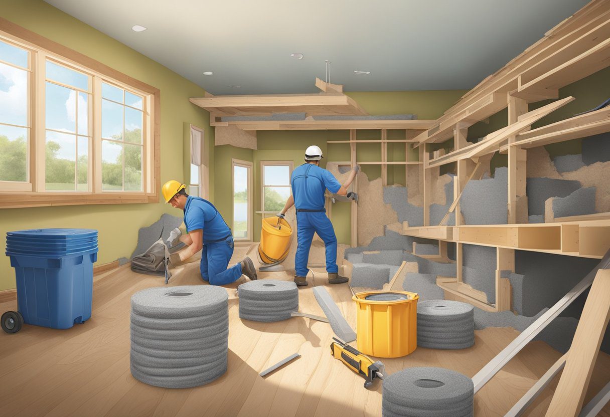 A worker removes old insulation from an attic while another installs new insulation. Tools and materials are scattered around the work area