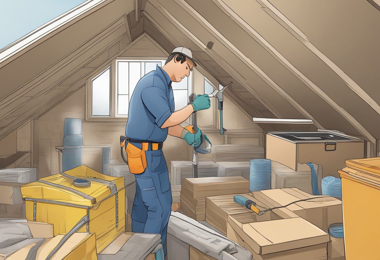 A technician examines and measures insulation in a Fort Myers home. Tools and equipment are scattered around the attic as the assessment takes place