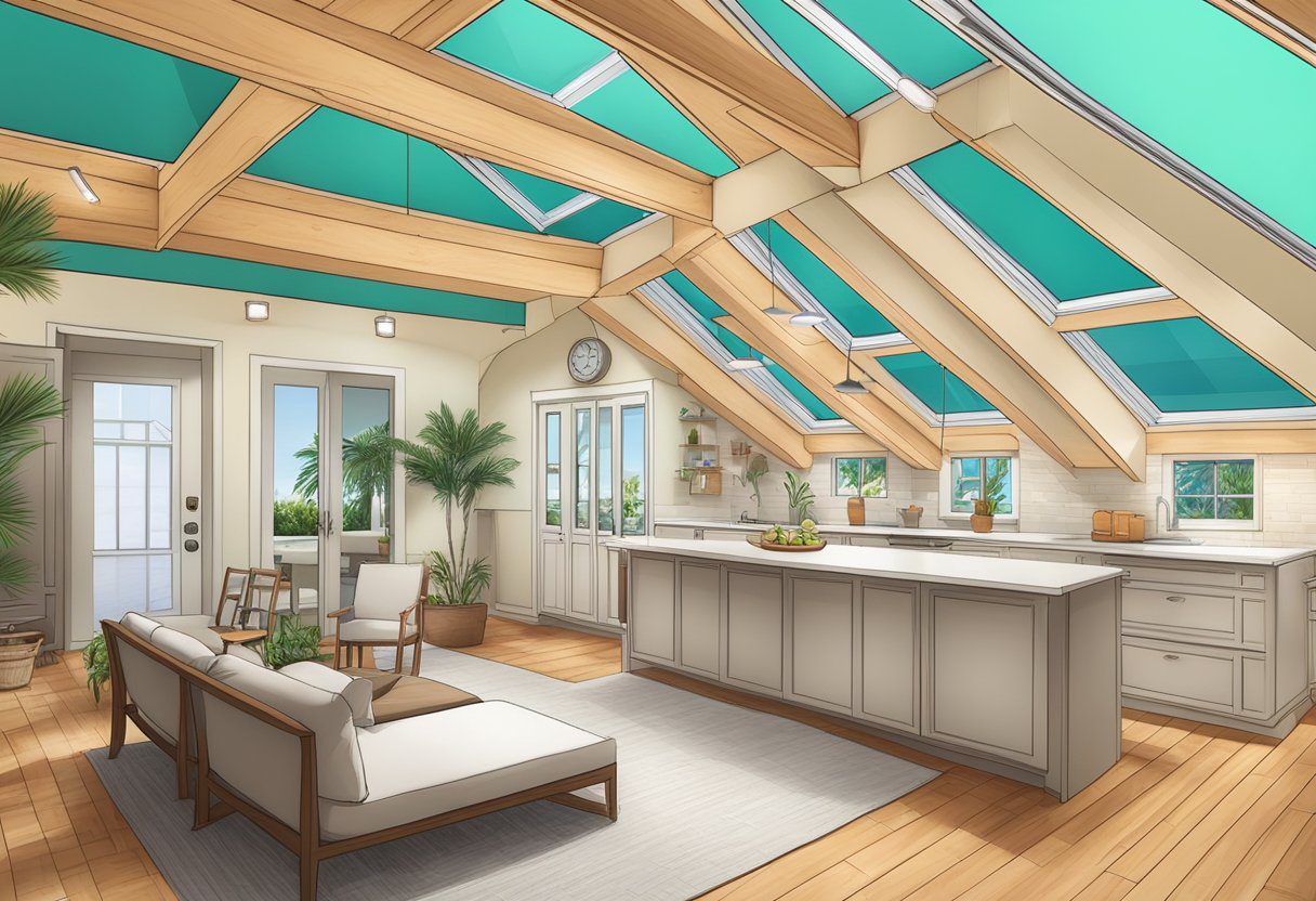 A cozy attic with angled ceilings and a skylight, featuring custom insulation solutions. Surrounding buildings and palm trees indicate a location in Fort Myers, FL