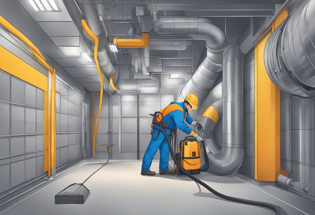 An air duct maintenance technician inspecting and cleaning ducts in a commercial building, using specialized tools and equipment