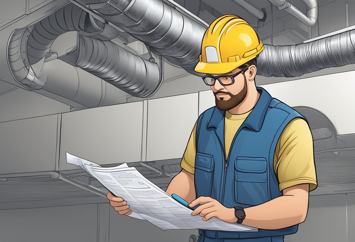 An air duct maintenance technician examines ductwork with a checklist and tools in hand, while a contract document and dollar signs are visible in the background