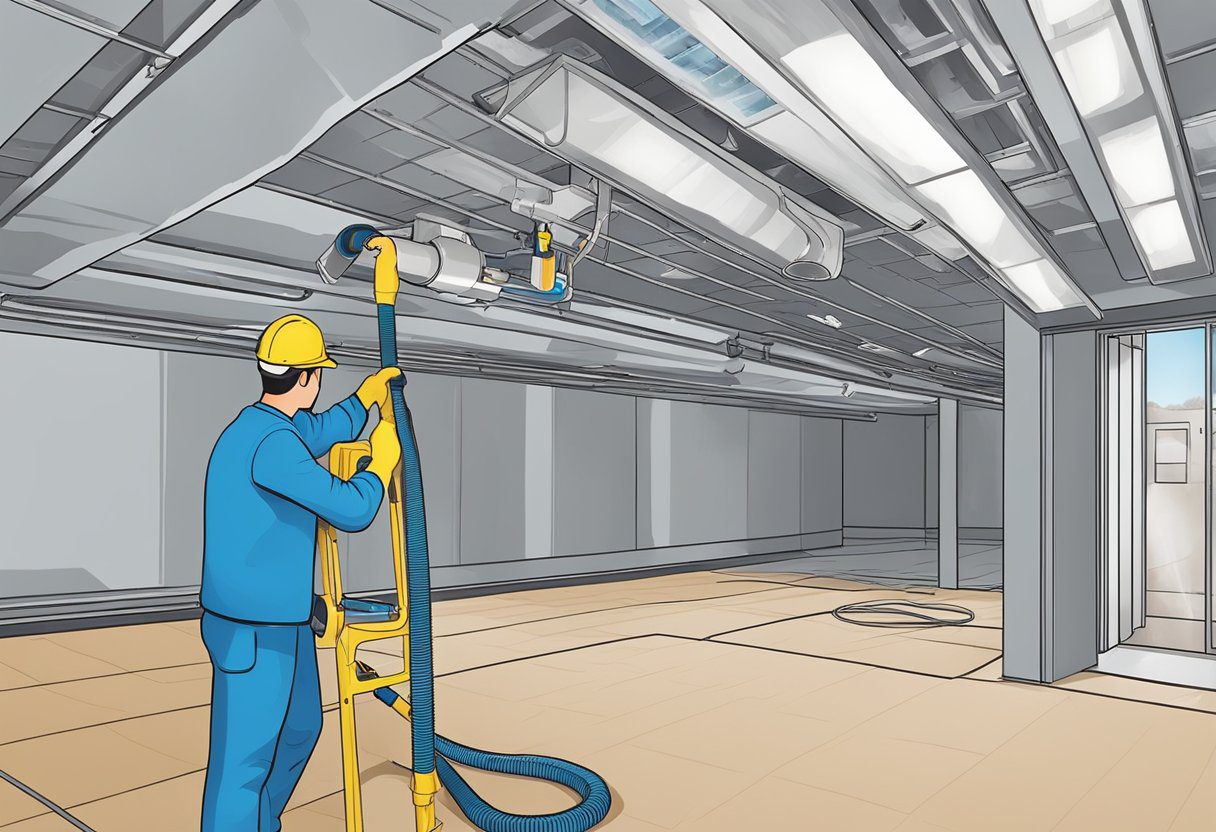 A technician uses specialized equipment to clean air ducts in a commercial building, removing dust and debris. The process is thorough and methodical, ensuring that the air ducts are properly maintained