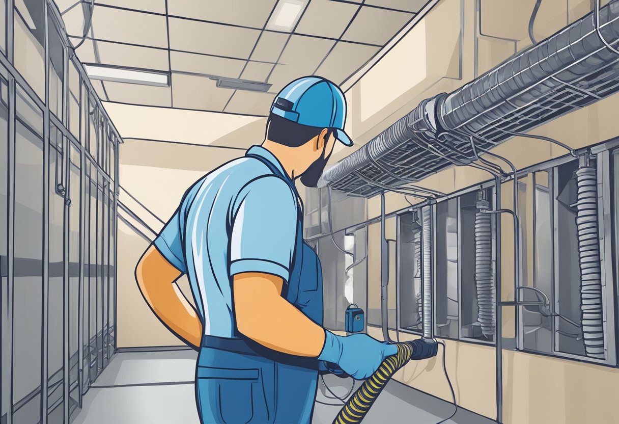 A technician inspects and cleans air ducts in a commercial building, following a scheduled maintenance contract in Fort Myers, FL