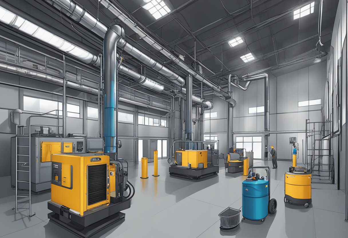 An industrial building with air ducts being inspected and cleaned by technicians in Fort Myers, FL. Equipment and tools are visible