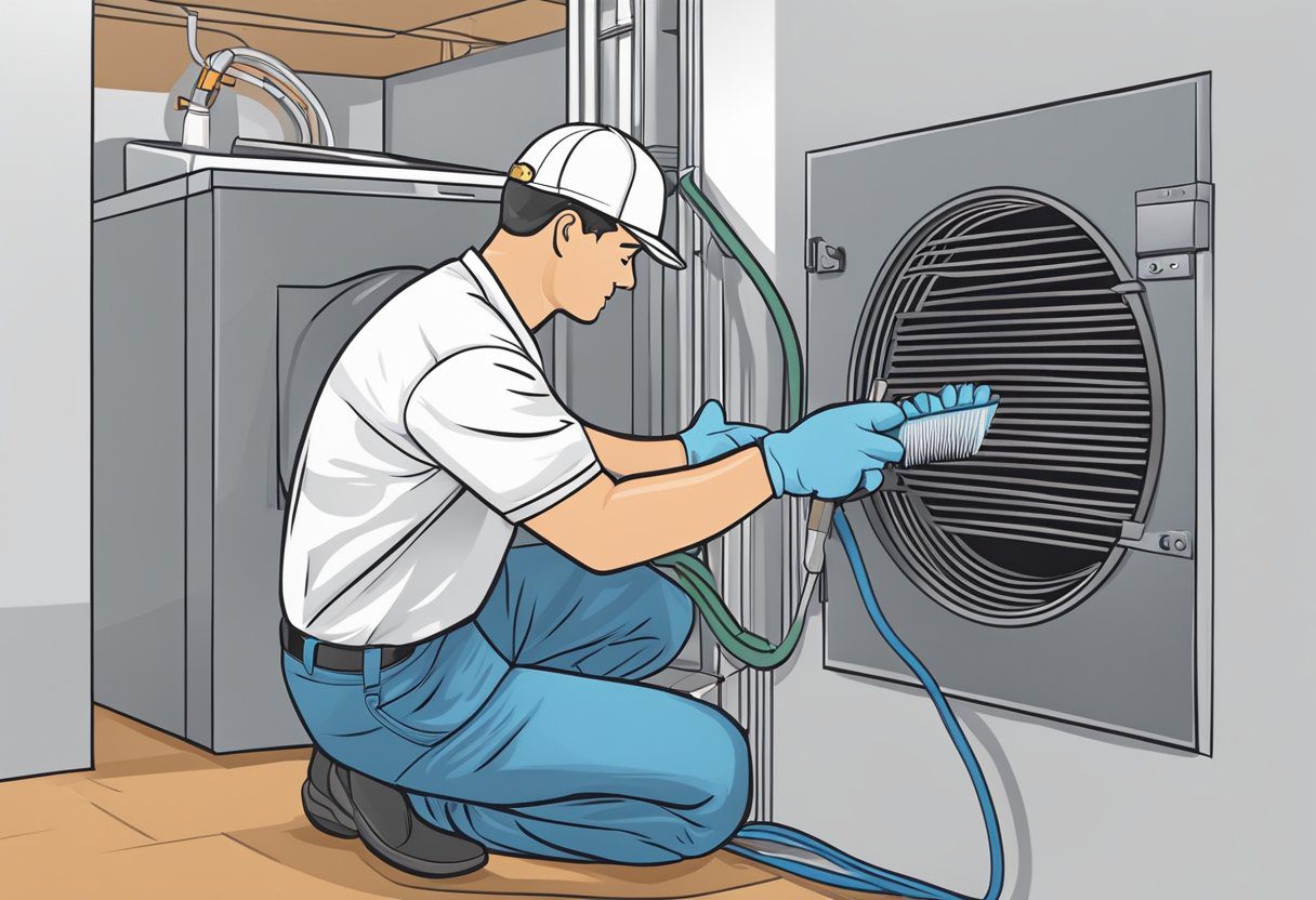 A technician removes lint from a dryer vent with a long brush and vacuum, ensuring a clean and efficient airflow