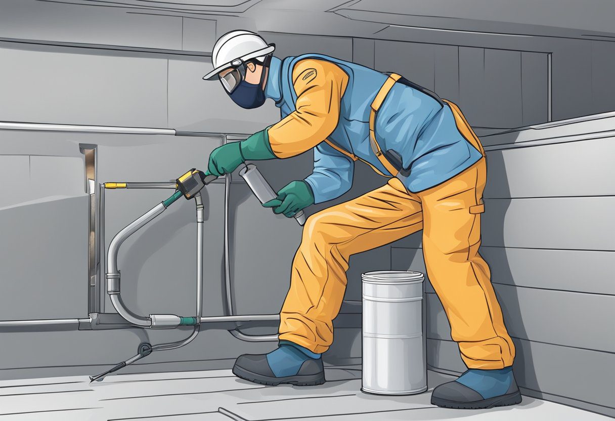 A technician applies sealant to a metal air duct. A specialized tool is used to ensure an airtight seal. The technician wears protective gear