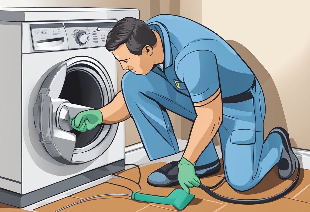 A technician uses specialized equipment to clean a dryer vent in a residential home in Fort Myers, FL. The technician is focused and professional, ensuring the vent is thoroughly cleaned