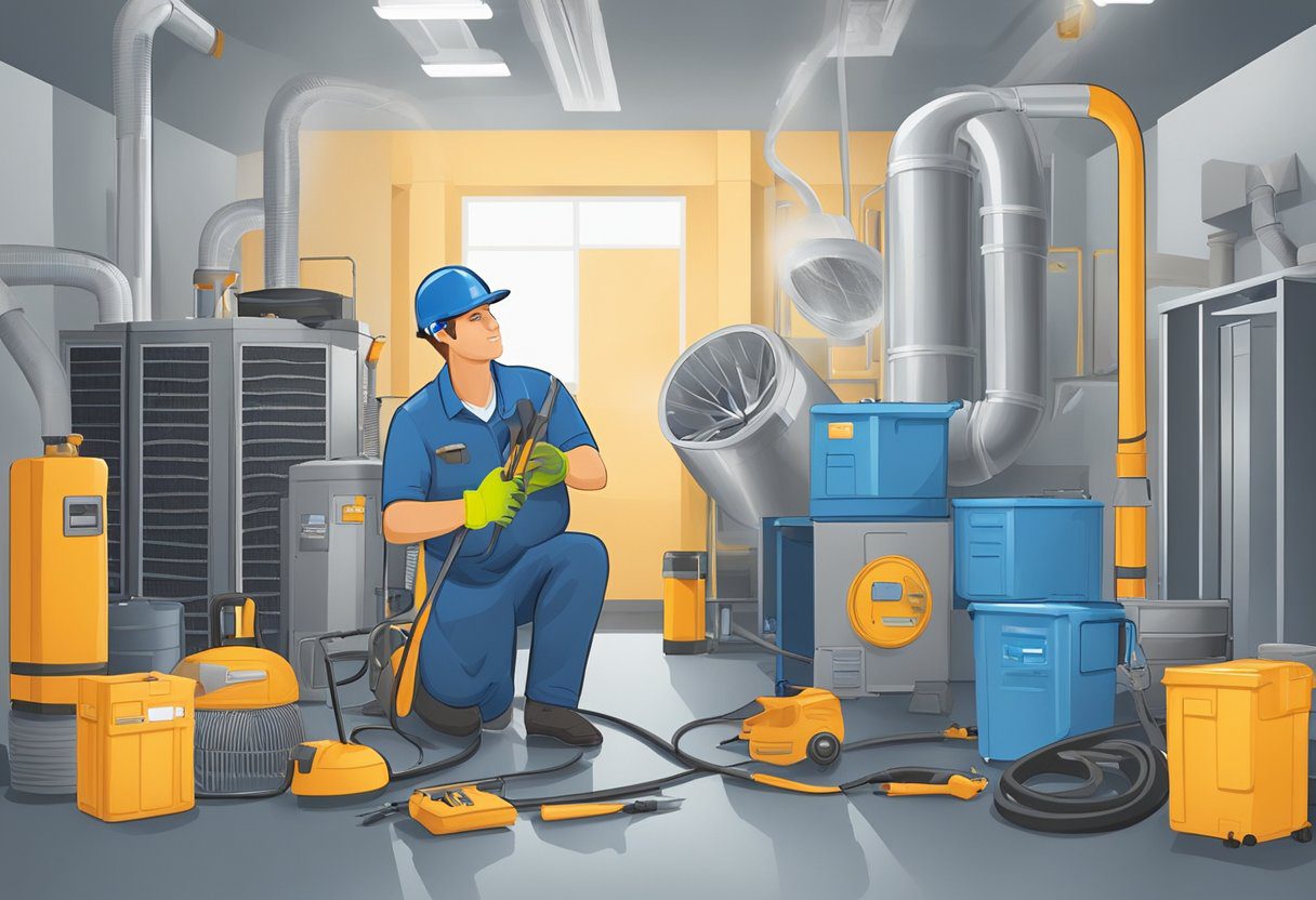 A technician inspects and cleans commercial air ducts in a Fort Myers, FL building, surrounded by various tools and equipment