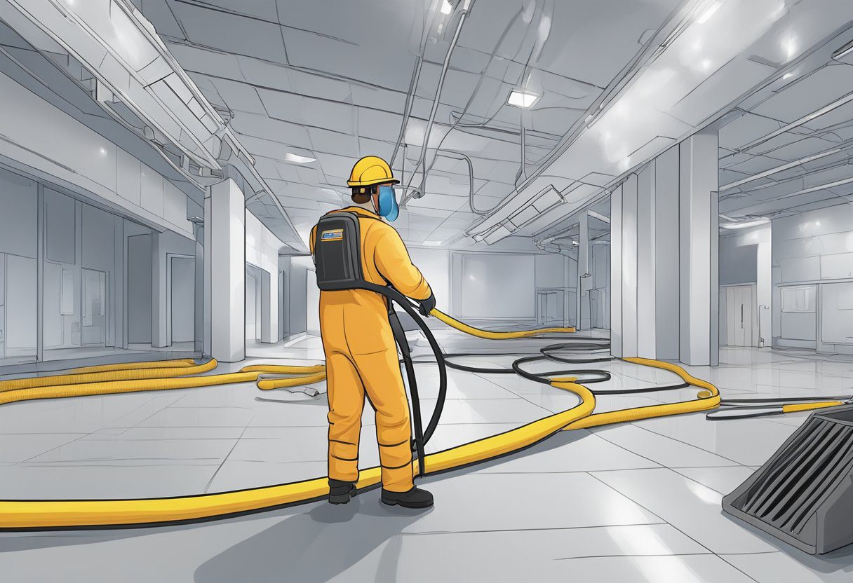 An industrial vacuum hose removes debris from a large air duct in a commercial building in Fort Myers, FL. A technician in protective gear oversees the cleaning process