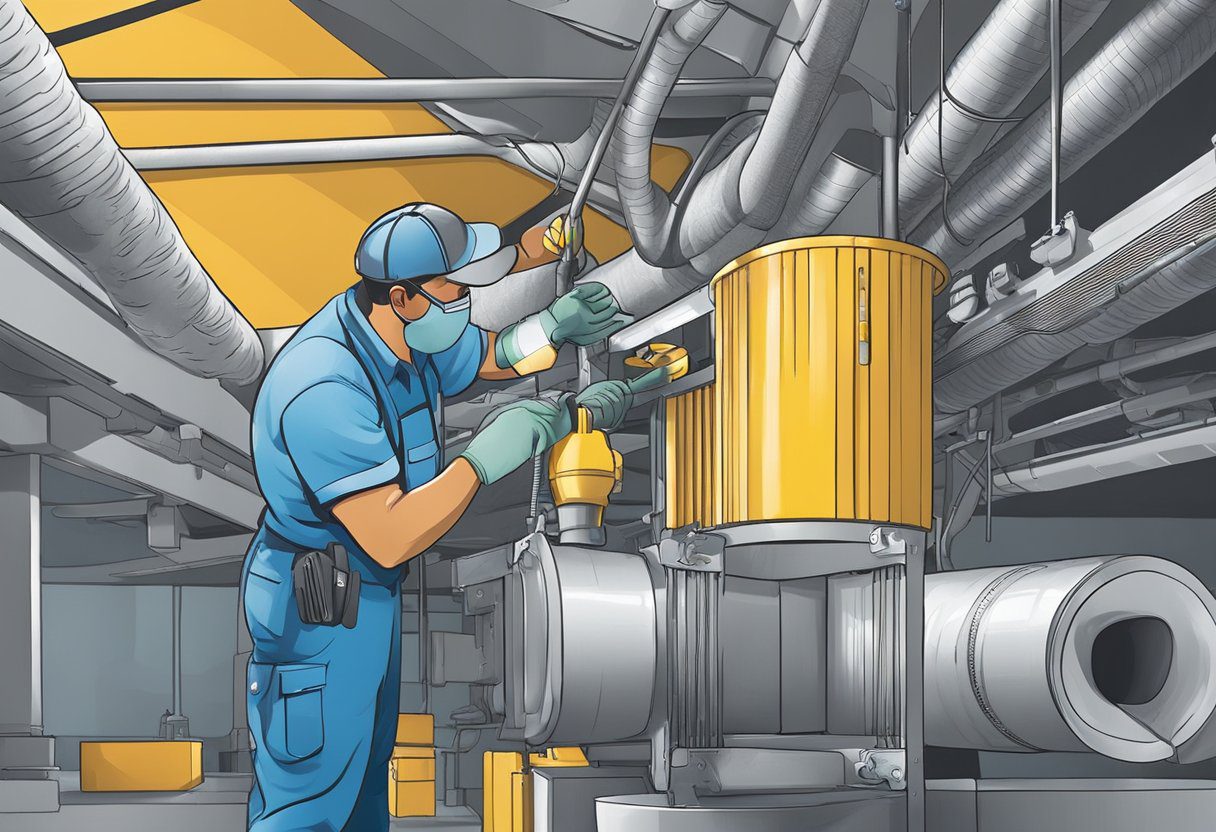 A technician inspects and cleans a large air duct system in a commercial building in Fort Myers, FL. Heavy-duty equipment and tools are used to remove debris and improve air quality