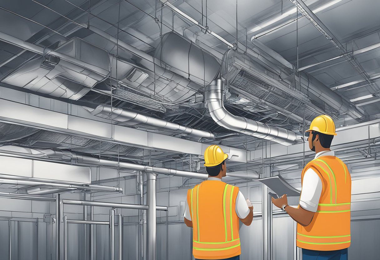 A technician inspects and cleans large commercial air ducts in a spacious and well-lit facility in Fort Myers, FL