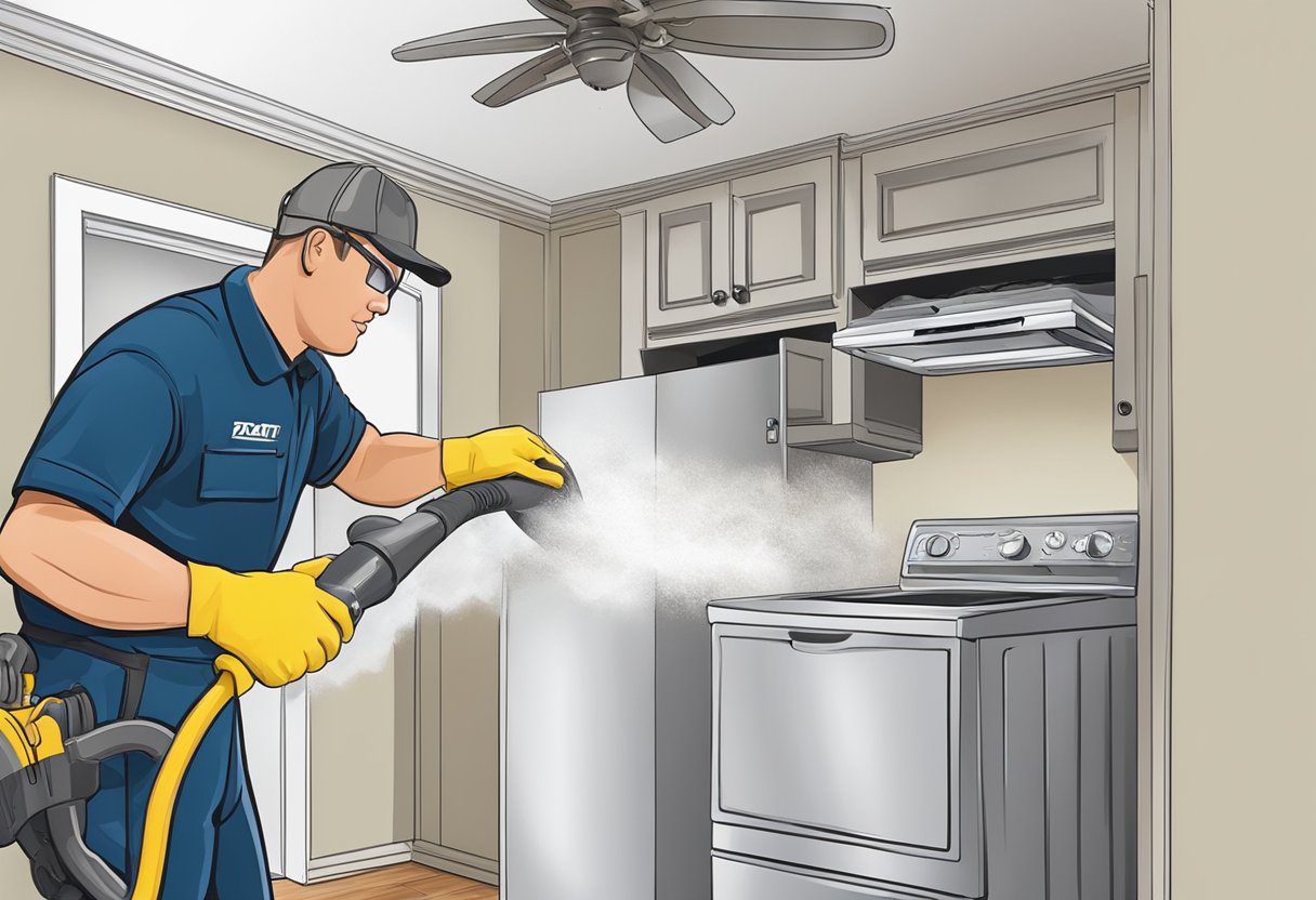 A technician using specialized equipment to clean a dryer vent in a residential home in Fort Myers, FL. Dust and debris being removed from the vent