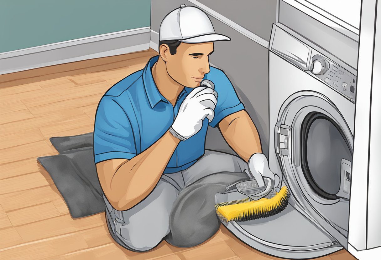 A technician carefully cleans a dryer vent in a home in Fort Myers, FL. Vacuum and brushes remove lint buildup, ensuring safe and efficient operation