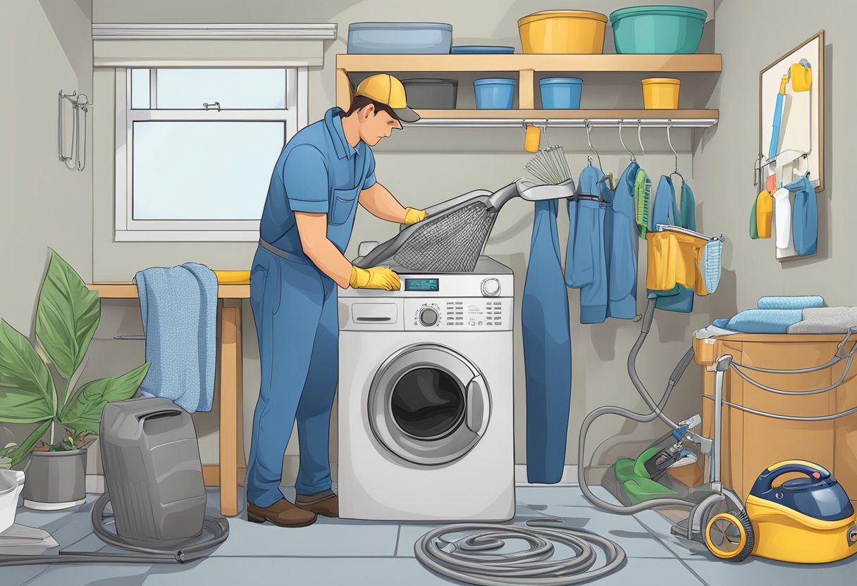 A technician cleans a dryer vent with specialized tools in a clutter-free laundry room in Fort Myers, FL