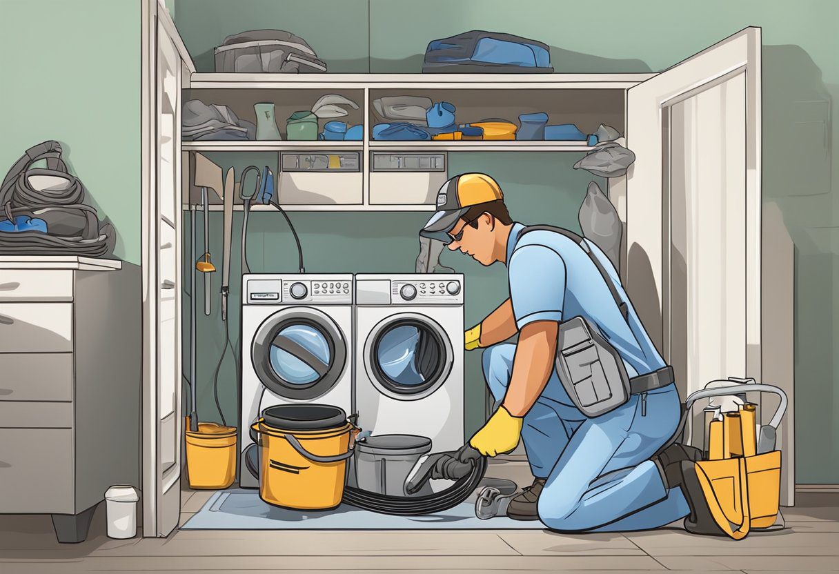 A technician cleans a dryer vent in a Fort Myers home, surrounded by tools and equipment. The service logo is visible on the technician's uniform