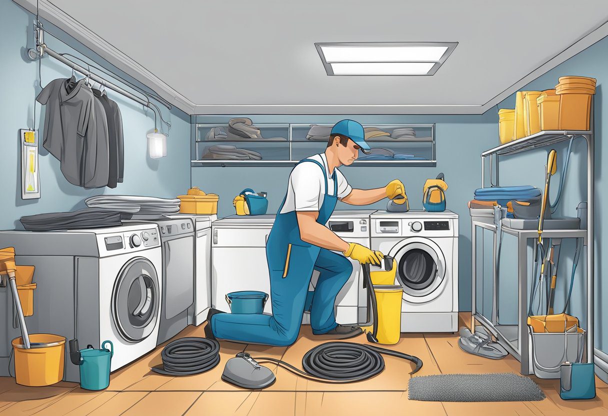 A technician cleaning a dryer vent with specialized tools and equipment in a well-lit laundry room