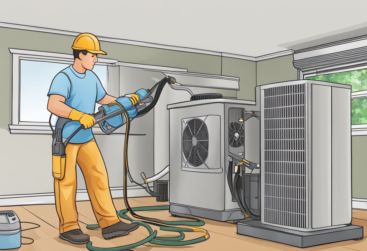 A technician cleans a residential HVAC system in Fort Myers, FL. Equipment and tools are used to remove dust and debris