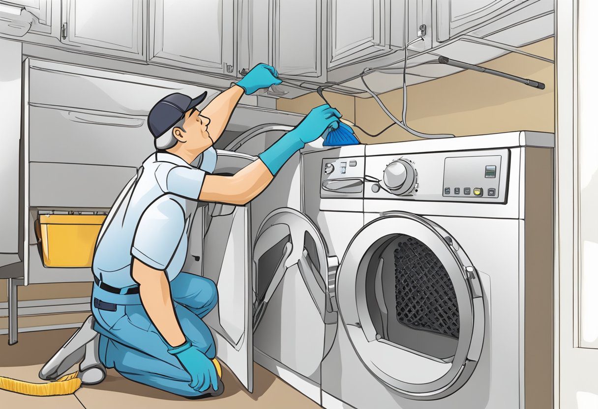 A technician uses a long brush to clean a dryer vent and HVAC system in a residential home in Fort Myers, FL. Dust and debris are removed, leaving the systems clean and efficient