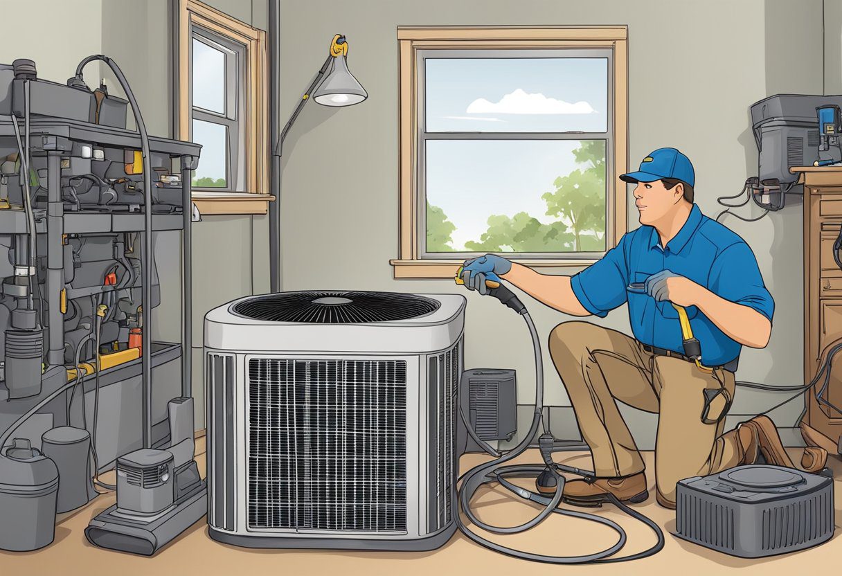 A technician cleans an HVAC system in a Fort Myers home, surrounded by equipment and tools