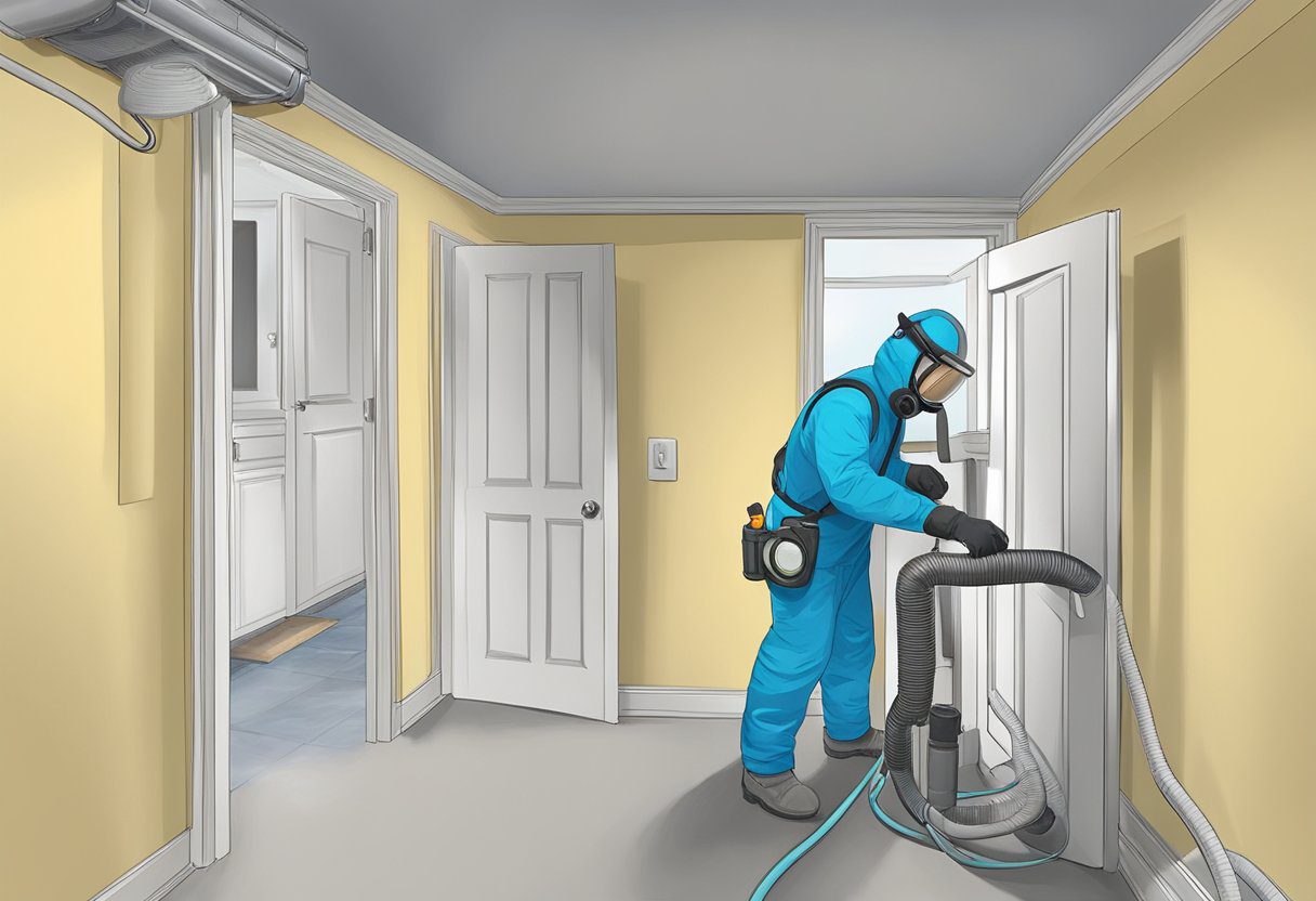 A technician in protective gear assesses mold in air ducts using specialized equipment in a home in Fort Myers, FL