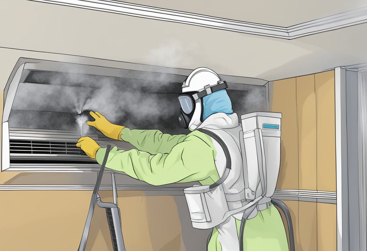 A technician in protective gear applies mold treatment to air ducts in a residential home in Fort Myers, FL. Equipment and supplies are strategically placed for efficient and thorough mold and mildew treatment