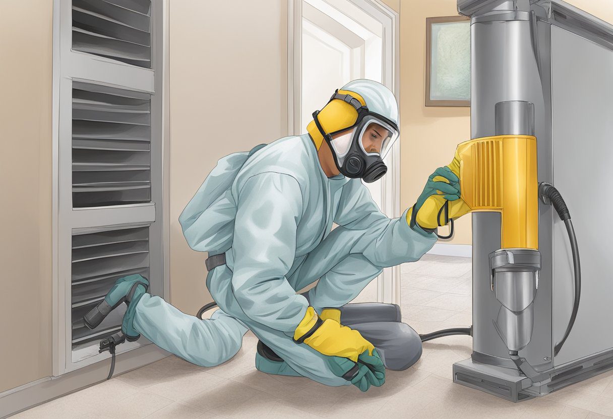 A technician in protective gear treating mold in an air duct with specialized equipment in a Fort Myers home