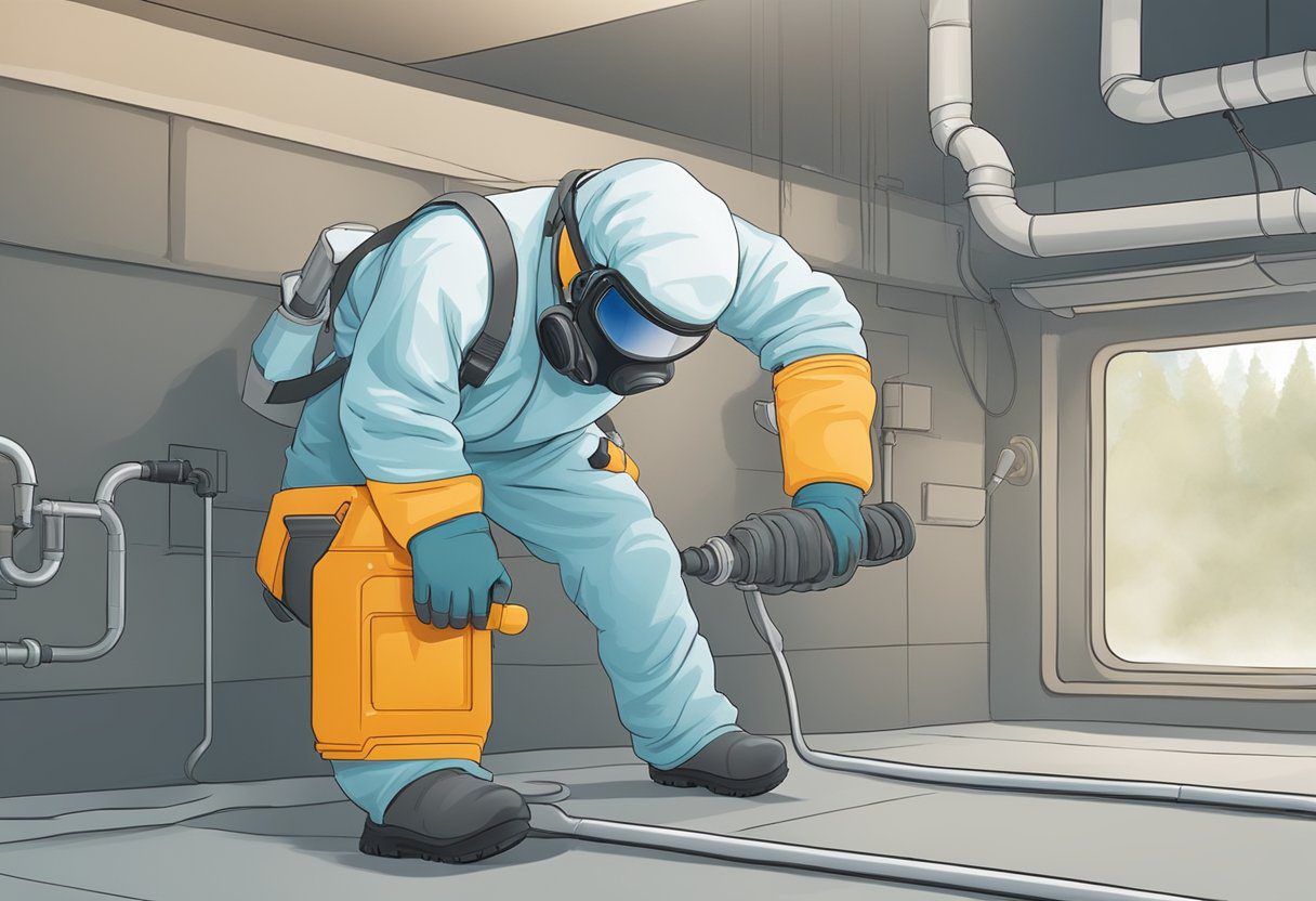 A technician applies mold treatment to air ducts in a well-lit, clean environment, using specialized equipment and protective gear