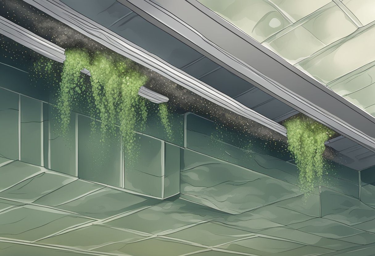 Mold grows in dark, damp air ducts. Illustrate spores spreading and clinging to the duct walls, causing mold and mildew