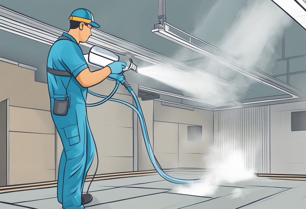 A technician sprays a sanitizing solution into a clean air duct, removing any unpleasant odors. The air duct system is shown clean and well-maintained