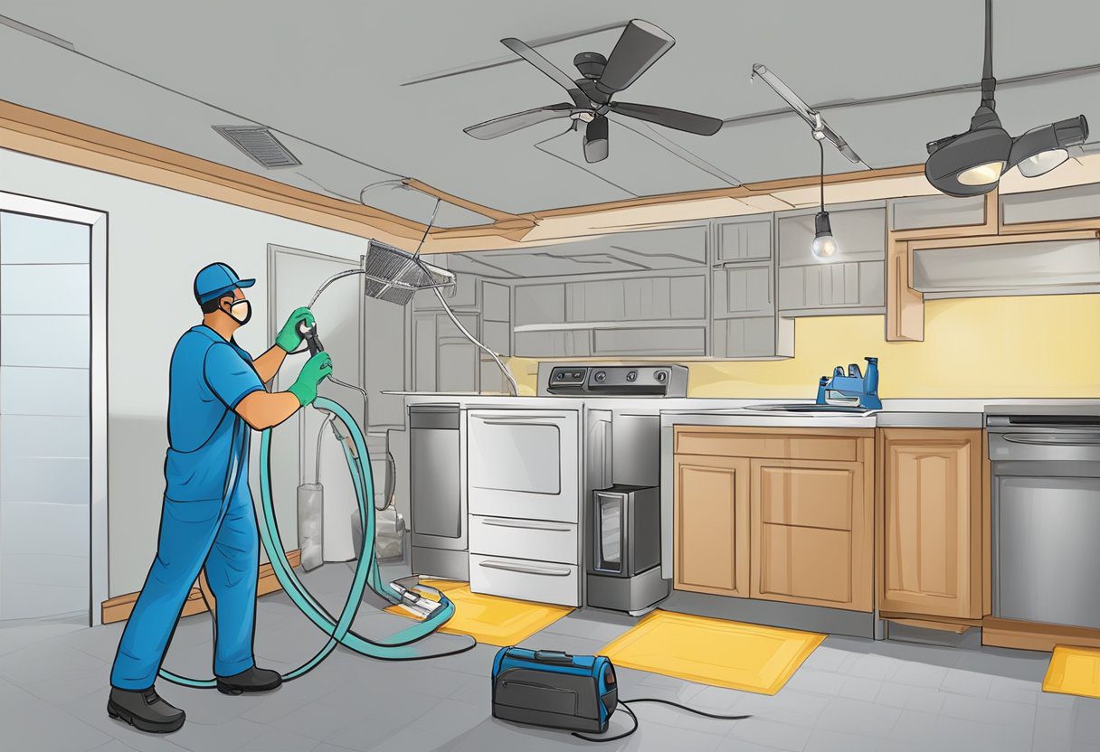 A technician sanitizes and deodorizes air ducts in a Fort Myers, FL home, surrounded by equipment and tools