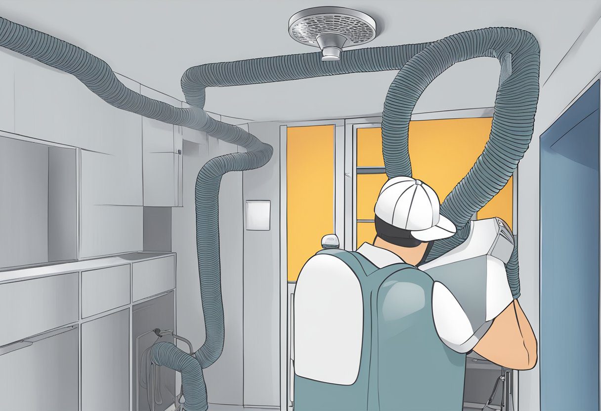 Air duct sanitization and deodorization service in Fort Myers FL. A technician using specialized equipment to clean and deodorize air ducts in a residential or commercial building