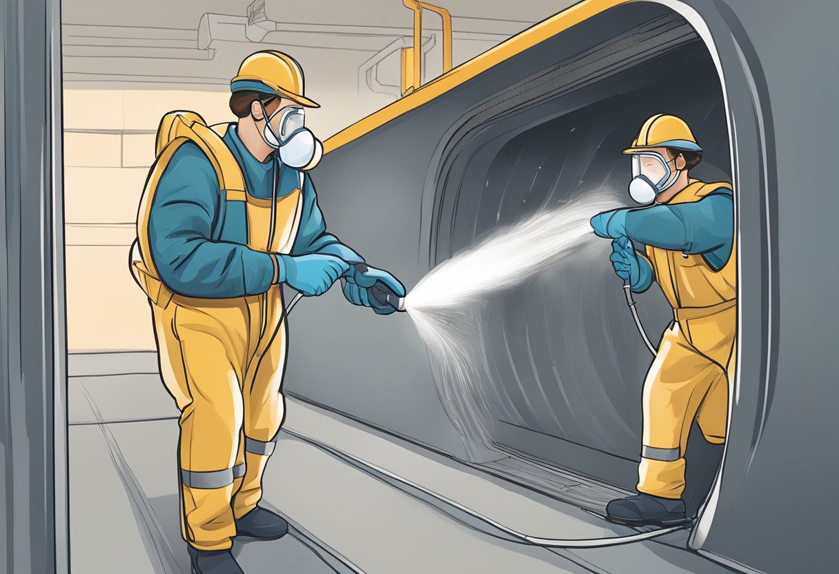 A technician in a protective suit sprays a sanitizing solution into a large air duct, while another technician uses a deodorizing spray to eliminate any lingering odors. The ducts are clean and well-maintained, ensuring fresh and healthy air