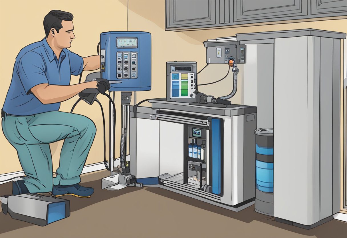 A technician sets up air quality testing equipment in a residential home in Fort Myers, FL