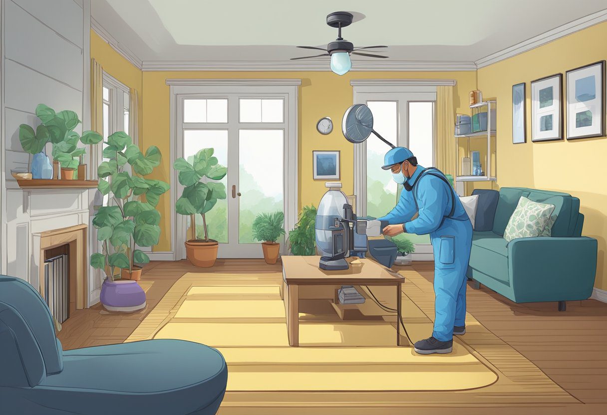 A technician conducts air quality testing inside a home, using equipment to measure pollutants in the air