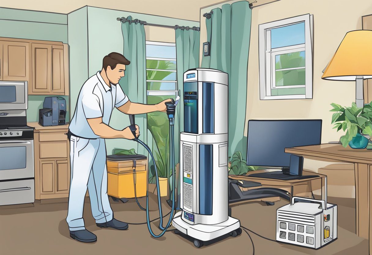 A technician sets up air quality testing equipment in a home in Fort Myers, FL. Samples are collected to ensure clean and safe indoor air