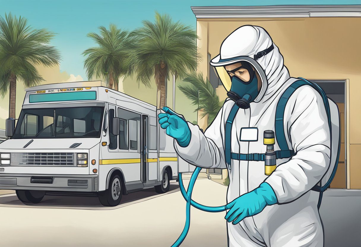 A technician in a hazmat suit collects air samples from various locations in Fort Myers, FL for commercial air quality testing